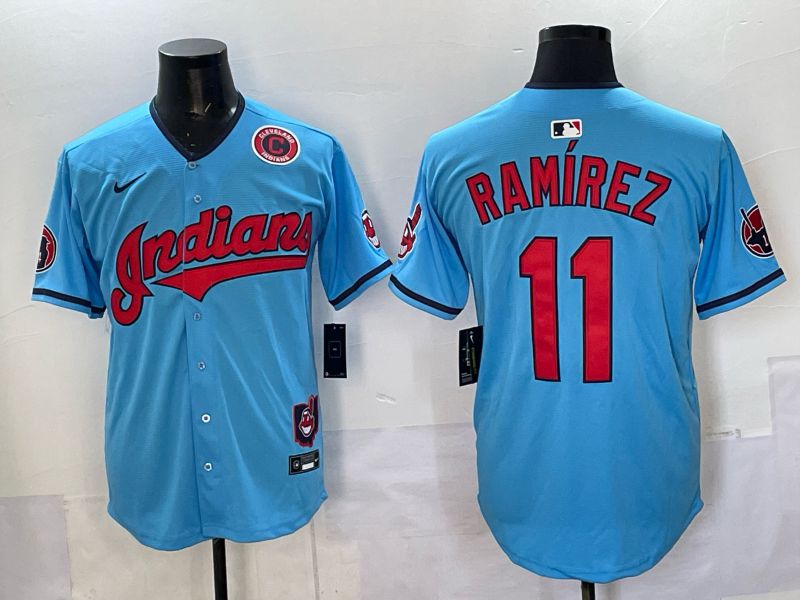 Men 2025 Cleveland Indians #11 Ramirez Light blue Nike MLB Jersey style 013